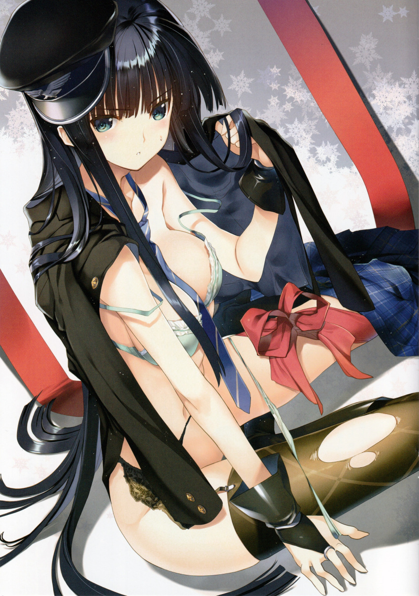 1girl absurdres bangs black_footwear blazer blue_eyes blue_hair blush boots bra breasts eyebrows_visible_through_hair frilled_bra frills hat highres jacket long_hair looking_at_viewer medium_breasts nakamura_takeshi necktie off_shoulder panties panty_pull parted_lips scan sitting skirt snowflake_background snowflakes solo thigh-highs torn_clothes torn_thighhighs touma_kazusa underwear white_album_2
