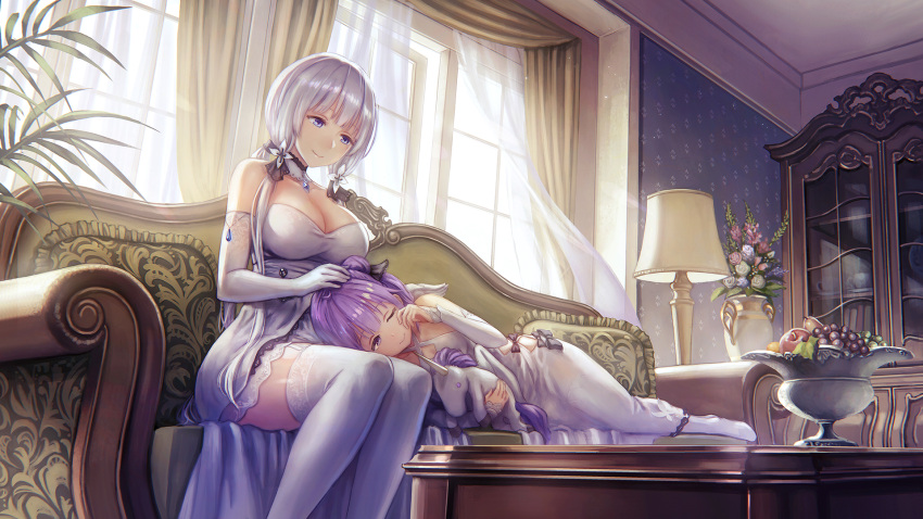 2girls anbe_yoshirou azur_lane blue_eyes breasts cleavage couch cupboard curtains dress elbow_gloves gloves highres illustrious_(azur_lane) lampshade lap_pillow large_breasts lying multiple_girls on_side stuffed_animal stuffed_toy thigh-highs unicorn_(azur_lane) white_hair white_legwear window