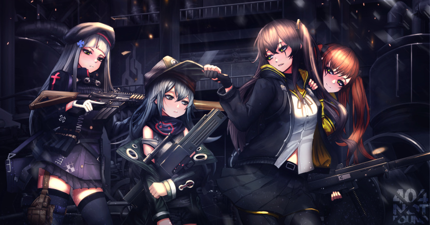 404_(girls_frontline) :3 absurdres ammunition ammunition_pouch armband assault_rifle bangs belt beret black_legwear blunt_bangs blush breasts brown_eyes brown_hair buckle buttons clothes_writing collared_jacket combat_knife crossed_bangs derk factory fingerless_gloves floating_hair g11 g11_(girls_frontline) german girls_frontline gloves green_eyes green_jacket grey_shirt gun h&amp;k_ump45 hair_between_eyes hair_ornament hairclip half-closed_eyes hand_on_another's_shoulder handgun hat heckler_&amp;_koch highres hk416 hk416_(girls_frontline) holding holding_gun holding_weapon holster hood hooded_jacket indoors iron_cross jacket knife knife_holster light_particles long_hair long_sleeves looking_at_another looking_at_viewer looking_back magazine_(weapon) medium_breasts midriff_peek multiple_girls night open_clothes open_jacket open_mouth outdoors pantyhose parted_lips plaid plaid_skirt pleated_skirt railing ribbon rifle sangvis_ferri scar scar_across_eye scarf scarf_on_head shirt shorts shoulder_cutout side_ponytail sidelocks silver_hair skirt smile snowing submachine_gun thigh-highs thigh_holster thigh_strap thighs trigger_discipline twintails ump45_(girls_frontline) ump9_(girls_frontline) very_long_hair walking weapon weapon_bag white_hair white_shirt wind wind_lift yellow_eyes zettai_ryouiki