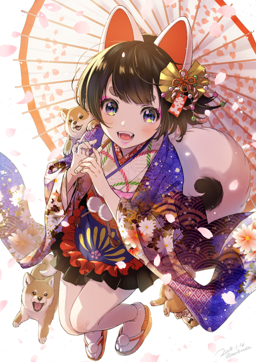 1girl 2018 animal animal_ears bangs blue_eyes blush brown_hair commentary_request dated dog dog_ears dog_tail eyebrows_visible_through_hair eyeshadow fake_animal_ears fang floral_print full_body hair_ornament highres holding holding_umbrella japanese_clothes kimono looking_at_viewer makeup morikura_en nengajou new_year open_mouth original petals pom_pom_(clothes) print_kimono shiba_inu short_hair solo tail teeth thick_eyebrows umbrella wide_sleeves year_of_the_dog