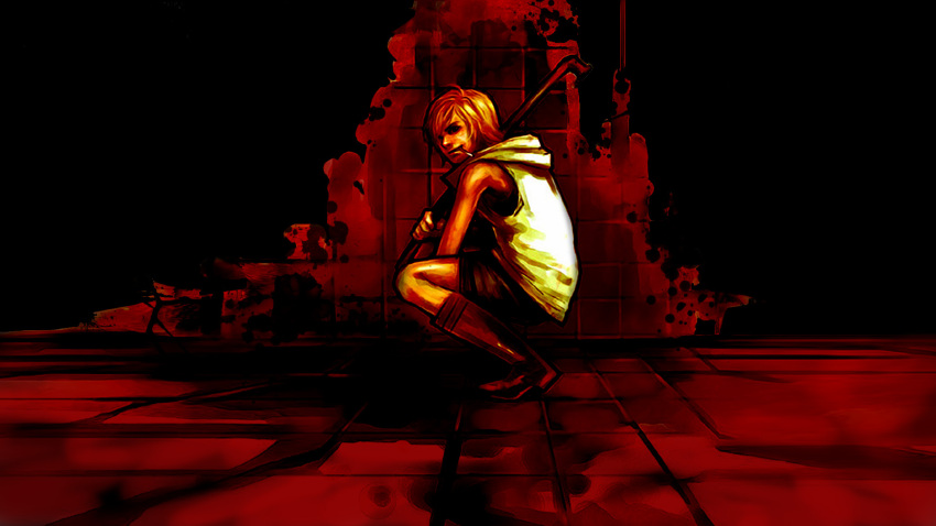 1girl artist_request blonde_hair blood breasts cigarette heather_mason highres lead_pipe miniskirt mouth_hold short_hair silent_hill silent_hill_3 skirt solo squatting vest