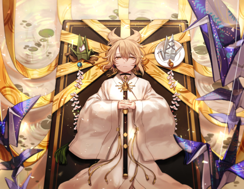 1girl black_choker blonde_hair choker commentary_request earmuffs flower highres holding japanese_clothes kimono lily_pad long_sleeves looking_at_viewer lying on_back origami plate pointy_hair shan short_hair solo tassel touhou toyosatomimi_no_miko water white_flower white_kimono wide_sleeves yellow_eyes
