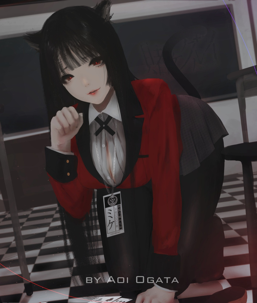 1girl animal_ears aoi_ogata arm_up bangs black_hair blunt_bangs breasts cat_ears cat_girl cat_tail commission eyebrows_visible_through_hair full_body highres kakegurui large_breasts lips long_hair long_sleeves looking_at_viewer open_clothes open_shirt parted_lips red_eyes shirt solo tail white_shirt
