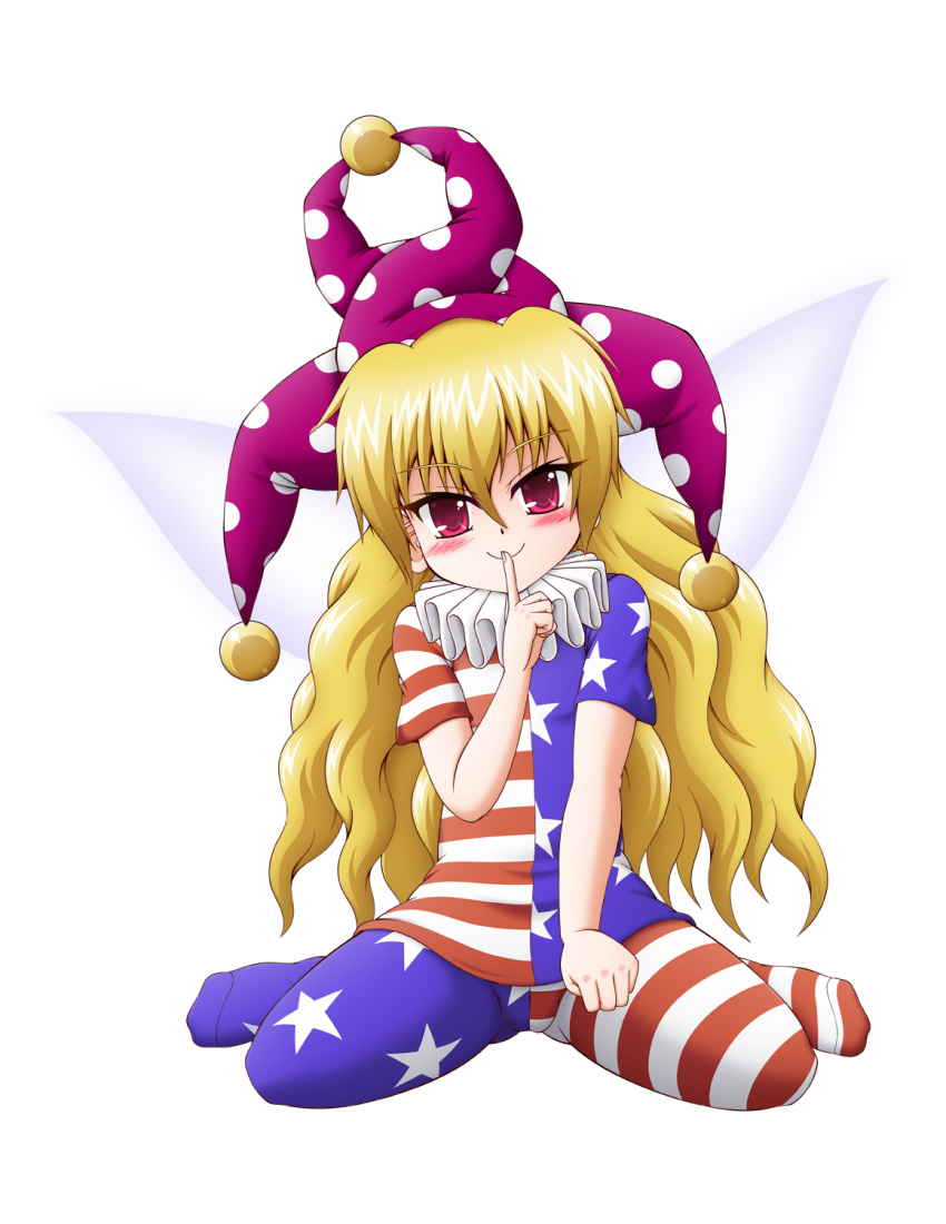 1girl american_flag american_flag_dress american_flag_print ass_visible_through_thighs asymmetrical_clothes asymmetrical_legwear bangs between_legs blonde_hair blush breasts c: closed_mouth clownpiece commentary_request dress eyebrows eyebrows_visible_through_hair eyelashes facing_viewer fairy fairy_wings finger_to_mouth fingernails flag_print full_body hair_between_eyes hand_between_legs hat head_tilt highres horizontal-striped_legwear horizontal_stripes jester_cap kappei legs_apart long_hair looking_at_viewer multicolored multicolored_clothes multicolored_dress multicolored_legwear neck_ruff pantyhose pink_eyes polka_dot polka_dot_hat purple_hat shiny shiny_hair short_dress short_sleeves simple_background sitting small_breasts smile solo star star_print striped striped_dress striped_legwear touhou transparent_background tsurime very_long_hair wariza wavy_hair wings
