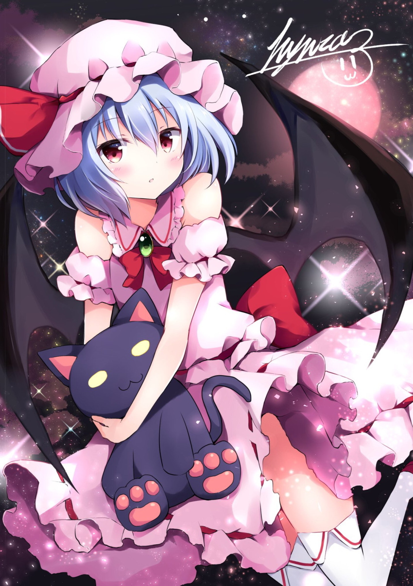 1girl adapted_costume artist_name bare_shoulders bat_wings blue_hair blush bow brooch commentary_request dress hair_between_eyes hat hat_ribbon highres holding holding_stuffed_animal hyurasan jewelry looking_at_viewer mob_cap neck_bow parted_lips pink_dress red_bow red_eyes red_neckwear red_ribbon remilia_scarlet ribbon short_hair signature solo sparkle stuffed_animal stuffed_toy touhou wings