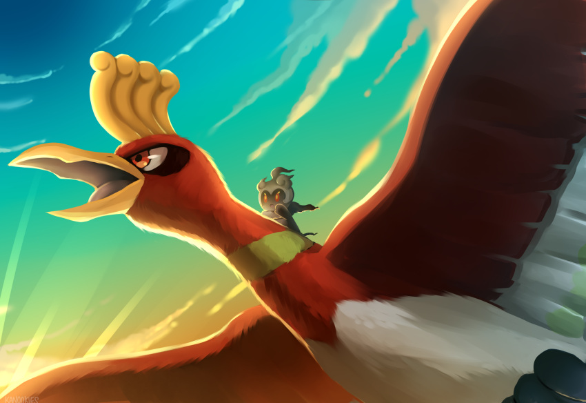 blue_sky clouds drawfag highres ho-oh marshadow no_humans open_mouth outdoors pokemon pokemon_(creature) red_eyes sky