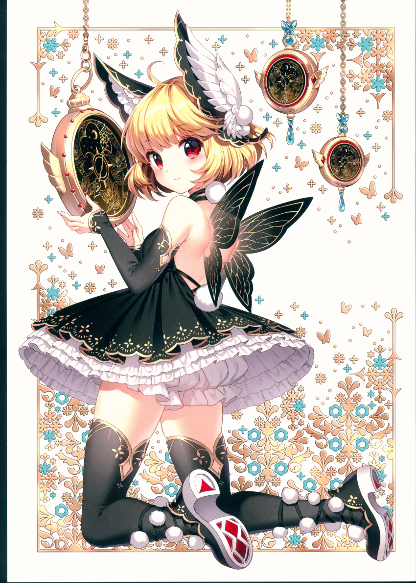 1girl absurdres bangs bare_shoulders black_legwear blonde_hair blush butterfly_wings choker detached_sleeves dress elbow_gloves fairy from_behind full_body gloves hair_ornament head_wings highres huge_filesize kneeling looking_at_viewer looking_back nardack original pocket_watch pom_pom_(clothes) red_eyes scan short_dress short_hair simple_background smile solo strapless strapless_dress watch wings