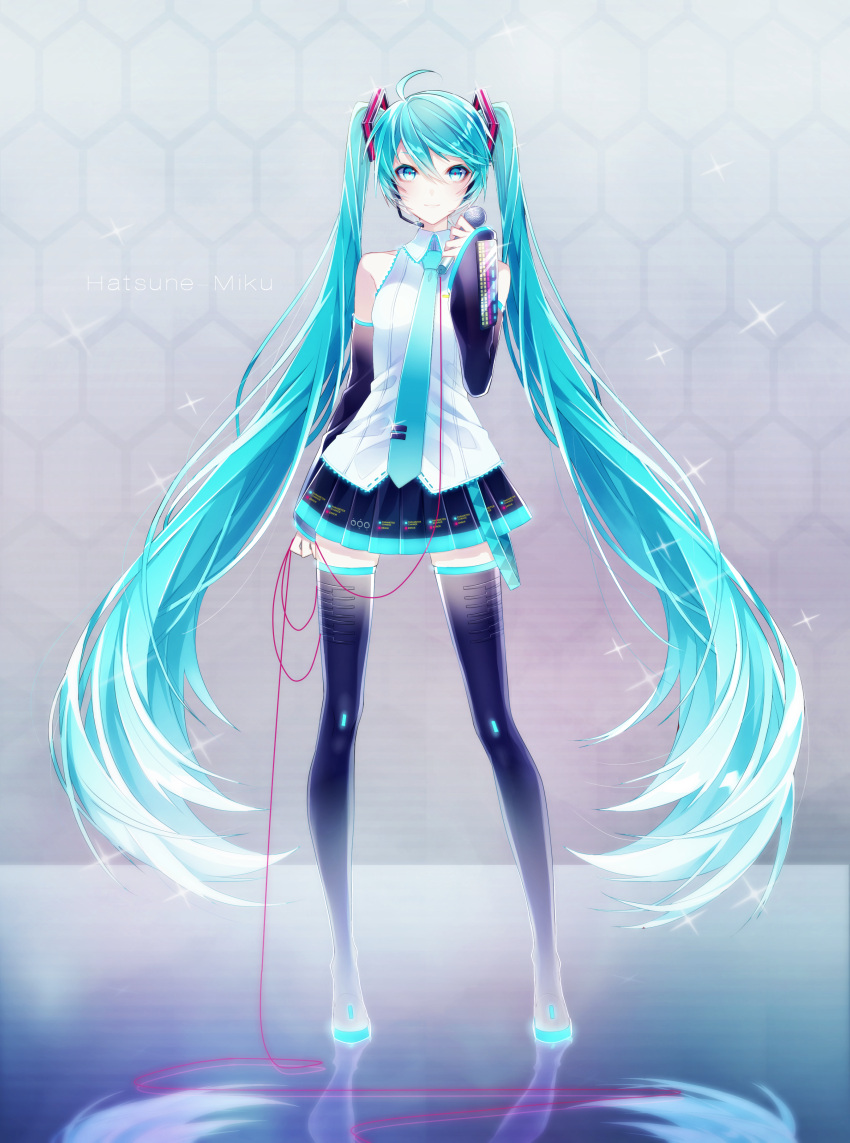 1055 1girl absurdres ahoge arm_at_side bangs black_footwear black_skirt blue_neckwear blush boots cable character_name closed_mouth detached_sleeves full_body hatsune_miku headset hexagon highres holding holding_microphone legs_apart long_hair long_sleeves looking_at_viewer microphone miniskirt necktie pleated_skirt reflection reflective_floor shiny shiny_hair shirt skindentation skirt smile solo sparkle standing swept_bangs thigh-highs thigh_boots twintails very_long_hair vocaloid white_shirt wide_sleeves zettai_ryouiki