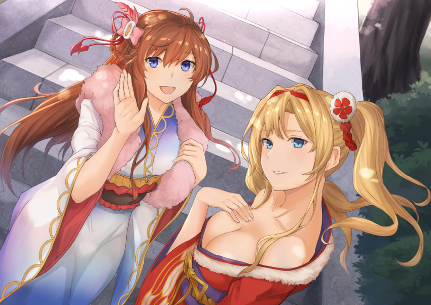 bare_shoulders blonde_hair blue_eyes braid breasts brown_hair cleavage fur_trim granblue_fantasy hair_ornament hair_rings hand_on_own_chest japanese_clothes kimono large_breasts lecia_(granblue_fantasy) long_hair obi off_shoulder open_mouth parted_lips sash shawl stairs terry_(pixiv3274443) twintails waving wide_sleeves zeta_(granblue_fantasy)