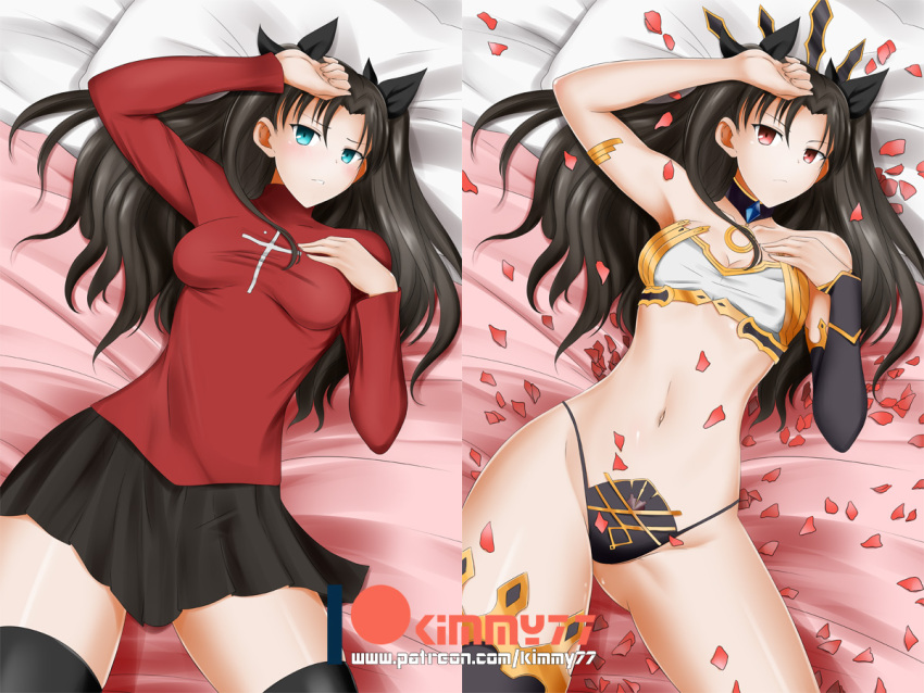 alfred_cullado ass_visible_through_thighs black_choker black_hair black_legwear black_ribbon black_skirt breasts choker cleavage crown fate/grand_order fate/stay_night fate_(series) groin groin_tendon hand_on_own_chest hand_to_forehead ishtar_(fate/grand_order) long_hair lying medium_breasts multiple_persona navel on_back patreon_logo petals pillow red_eyes ribbon single_detached_sleeve single_thighhigh skirt sweater thigh-highs thighs tohsaka_rin turtleneck turtleneck_sweater twintails watermark web_address zettai_ryouiki