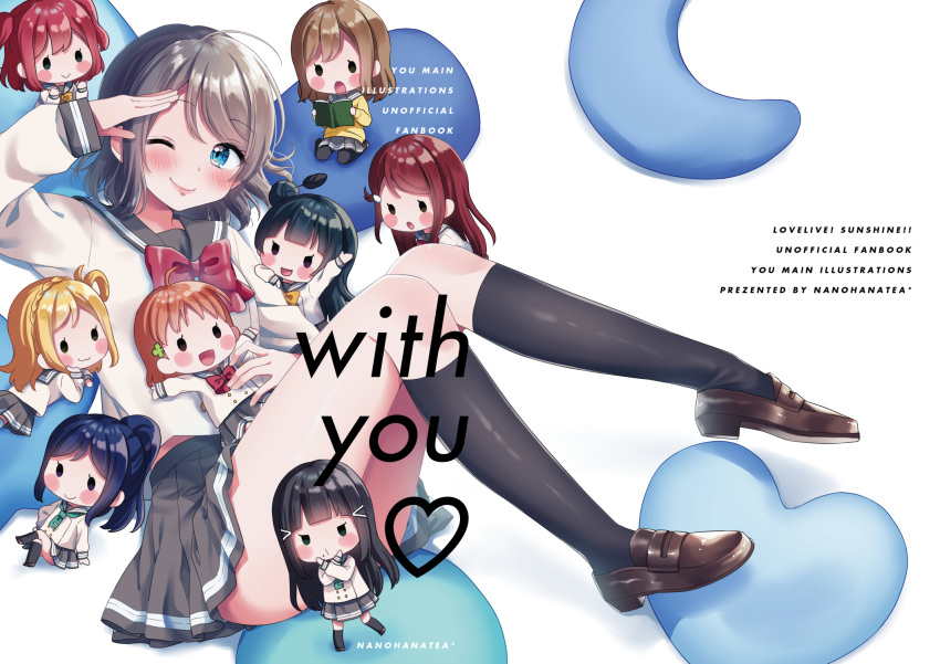 6+girls :d :o ;) \||/ ahoge aqua_neckwear bangs black_legwear blonde_hair blue_eyes blue_hair blunt_bangs blush blush_stickers book bow bowtie braid brown_hair censored character_censor chibi commentary_request cover cover_page crescent crown_braid dark_skin doujin_cover feathers ganbaru_pose grey_hair hair_feathers hair_ornament hair_rings hairclip heart highres hina_(hinalovesugita) holding holding_book kneehighs kunikida_hanamaru kurosawa_dia kurosawa_ruby loafers long_hair long_sleeves love_live! love_live!_sunshine!! matsuura_kanan mole mole_under_mouth multiple_girls neckerchief novelty_censor ohara_mari one_eye_closed open_book open_mouth pleated_skirt ponytail reading red_neckwear redhead sakurauchi_riko salute school_uniform serafuku shoes short_hair side_bun skirt smile takami_chika tsushima_yoshiko two_side_up watanabe_you x_arms yellow_neckwear