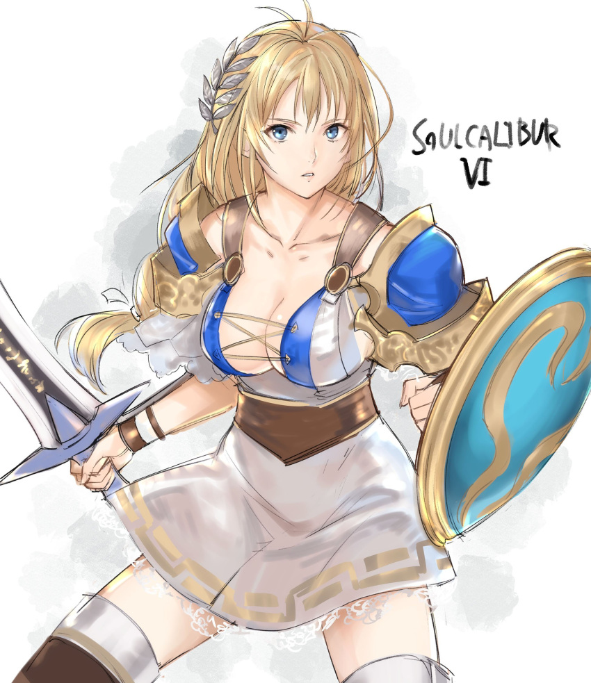 1girl armor blonde_hair blue_eyes breasts cleavage highres holding holding_sword holding_weapon large_breasts long_hair looking_at_viewer shield shoulder_pads sophitia_alexandra soul_calibur sword tetsu_(kimuchi) thigh-highs weapon