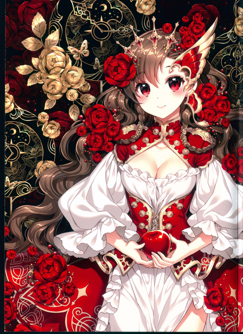 1girl absurdres apple bangs blush braid breasts brown_hair butterfly cleavage cleavage_cutout clock corset crown dress eyebrows_visible_through_hair floral_background flower food frills fruit golden_rose hair_flower hair_ornament highres holding holding_fruit huge_filesize lips long_hair long_sleeves looking_at_viewer medium_breasts nardack original puffy_long_sleeves puffy_sleeves red_eyes red_flower red_rose rose scan side_braid side_slit smile solo twin_braids wavy_hair white_dress