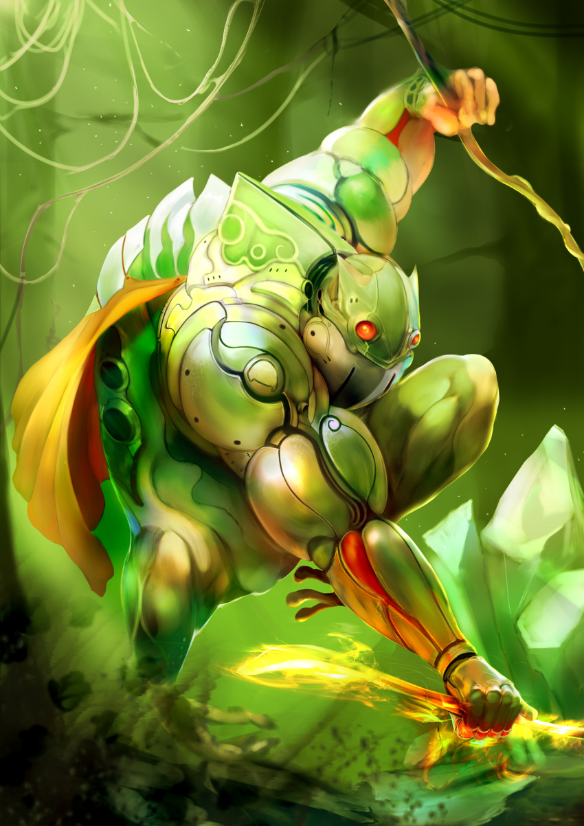 armor cape commentary crystal cyborg fire frog green_armor highres humanization jumping looking_at_viewer maruhi_(maruhige12) monster orange_eyes original perspective plant solo vines