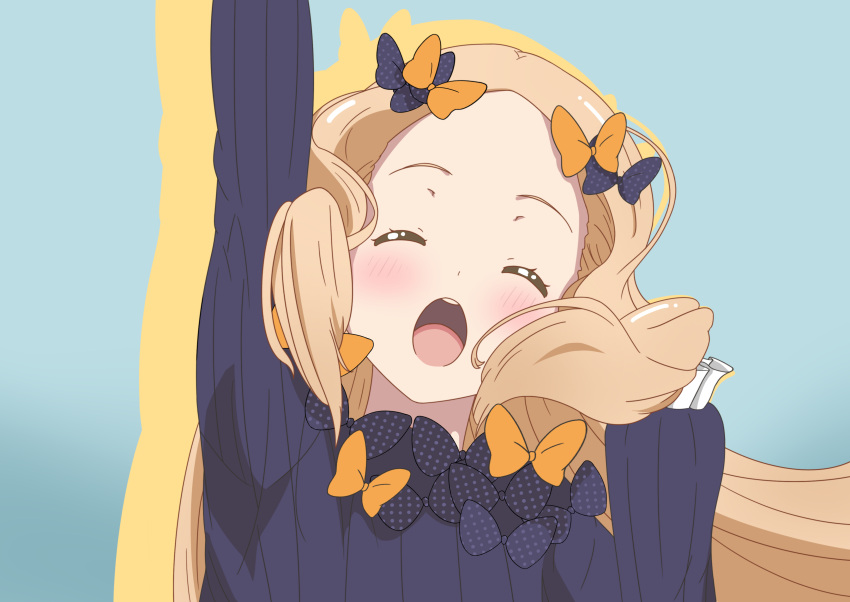 1girl :d ^_^ abigail_williams_(fate/grand_order) absurdres adrenaline!!! arm_up bangs black_bow black_dress blonde_hair blue_background blush bow closed_eyes commentary_request dress eromanga_sensei facing_viewer fate/grand_order fate_(series) forehead hair_bow hand_up highres long_sleeves no_hat no_headwear open_mouth orange_bow parody parted_bangs polka_dot polka_dot_bow sleeves_past_wrists smile solo style_parody suzumushi_(araragi_gatari) upper_teeth