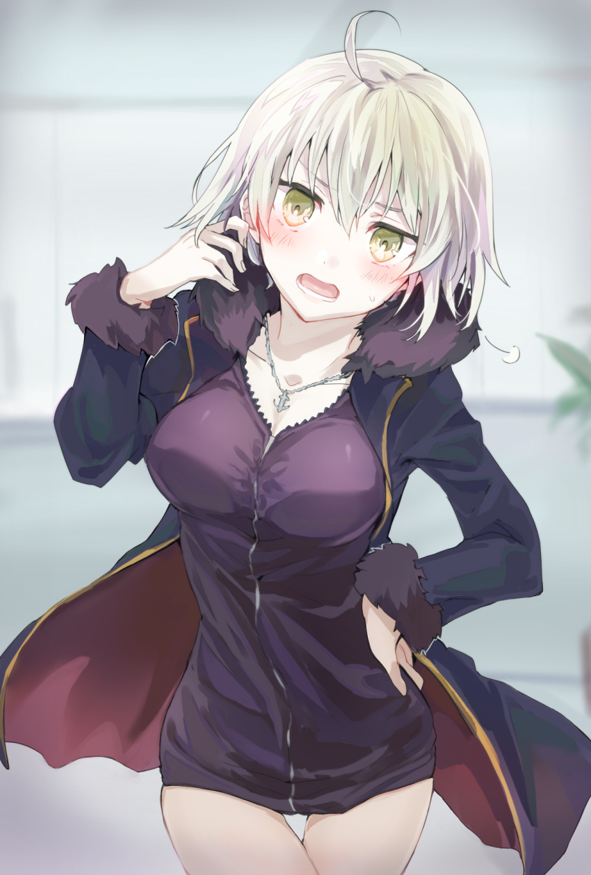 1girl ahoge blonde_hair blush breasts cleavage coat cowboy_shot dress fate/grand_order fate_(series) hand_in_pocket hand_on_hip highres jeanne_d'arc_(alter)_(fate) jeanne_d'arc_(fate)_(all) medium_breasts open_mouth solo sweatdrop thigh_gap tomozero yellow_eyes