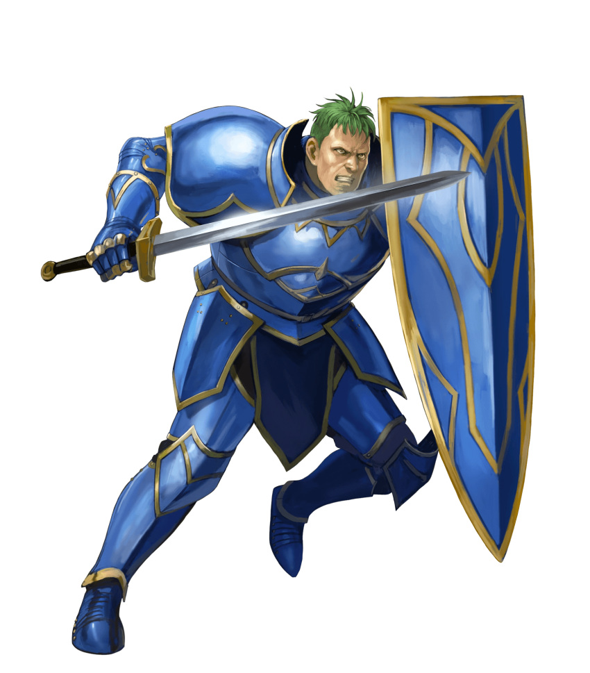 1boy arden_(fire_emblem) armor armored_boots attack belt blue_armor boots brown_eyes cleft_chin clenched_teeth fire_emblem fire_emblem:_seisen_no_keifu fire_emblem_heroes gauntlets greaves green_hair highres holding holding_shield holding_sword holding_weapon ippei_soeda male_focus nose official_art realistic serious shield short_hair shoulder_armor solo sword teeth weapon