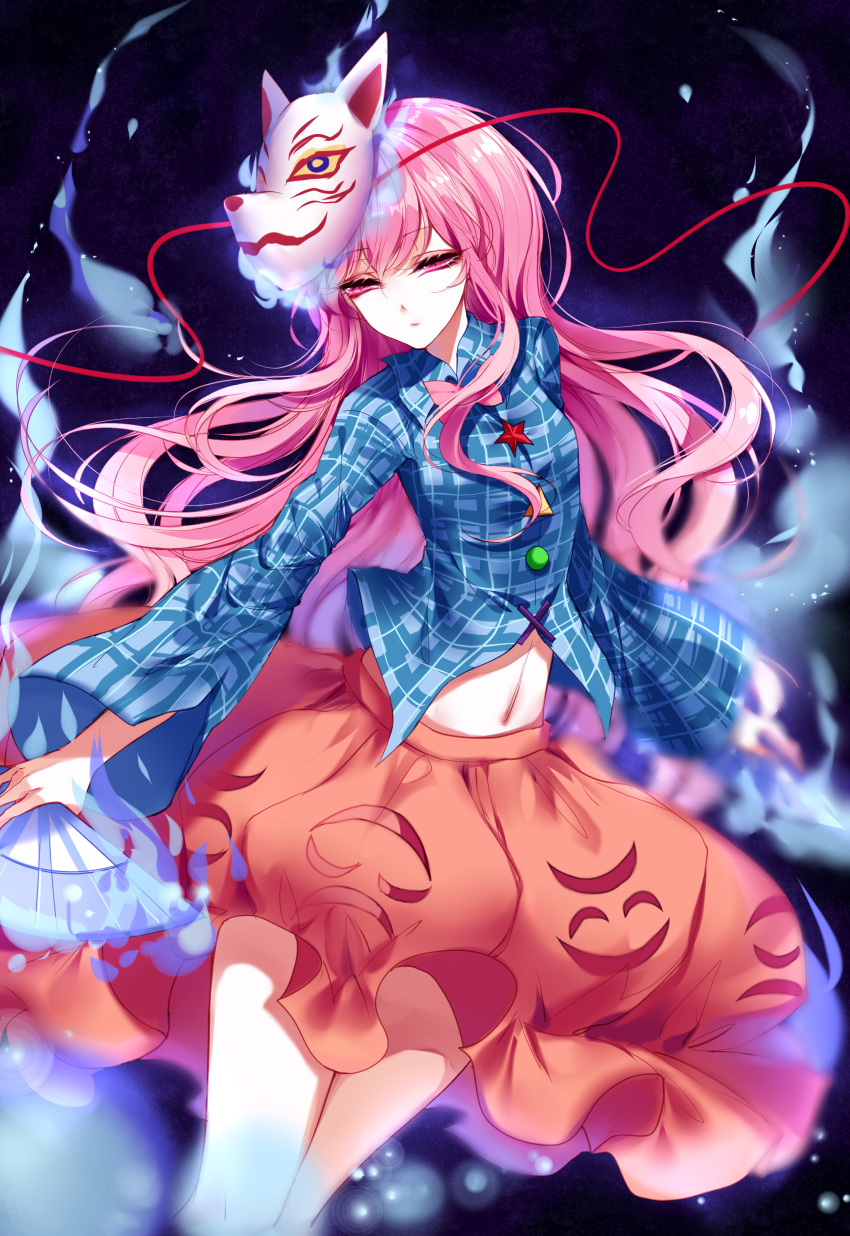 1girl absurdres blue_shirt cowboy_shot eyebrows_visible_through_hair fan folding_fan hata_no_kokoro highres holding holding_fan long_hair long_sleeves mask navel parted_lips pink_eyes pink_hair pink_skirt plaid plaid_shirt sheya shirt skirt solo touhou very_long_hair