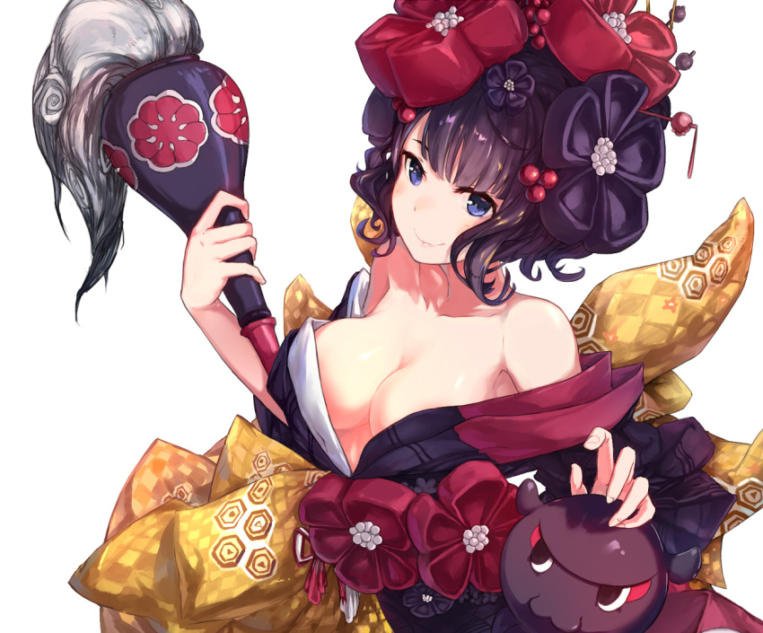 1girl bare_shoulders blue_eyes breasts calligraphy_brush cleavage fate/grand_order fate_(series) hair_ornament impossible_clothes japanese_clothes katsushika_hokusai_(fate/grand_order) kimono looking_at_viewer medium_breasts octopus paintbrush purple_hair shionji_ax smile solo upper_body white_background
