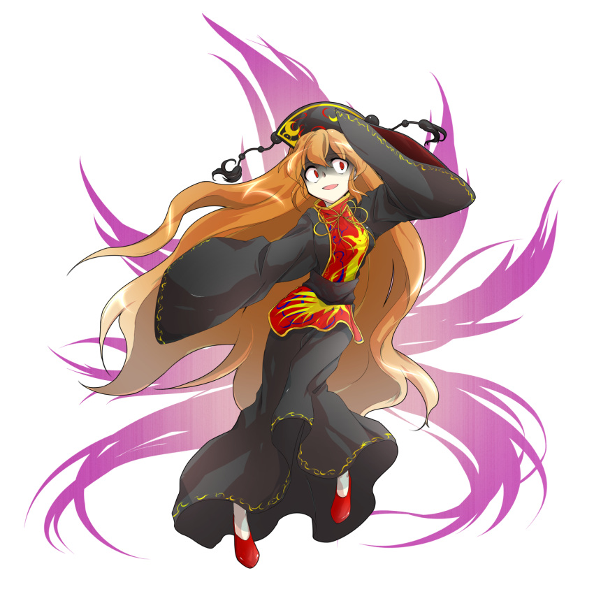 1girl :d alphes_(style) bangs beads black_dress black_hat chinese_clothes constricted_pupils crazy_eyes crazy_smile crescent crescent_moon dairi dress energy eyebrows eyebrows_visible_through_hair fox_tail full_body hair_between_eyes hat highres junko_(touhou) long_hair long_sleeves moon open_mouth orange_hair parody red_eyes red_footwear ribbon sash shaded_face simple_background sleeves_past_wrists smile style_parody tabard tail tassel touhou transparent_background turtleneck very_long_hair wide_sleeves yellow_ribbon