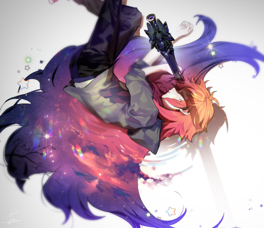 1girl closed_eyes gradient_hair highres lying multicolored_hair ohisashiburi orange_hair original purple_hair redhead simple_background sword tearing_up weapon