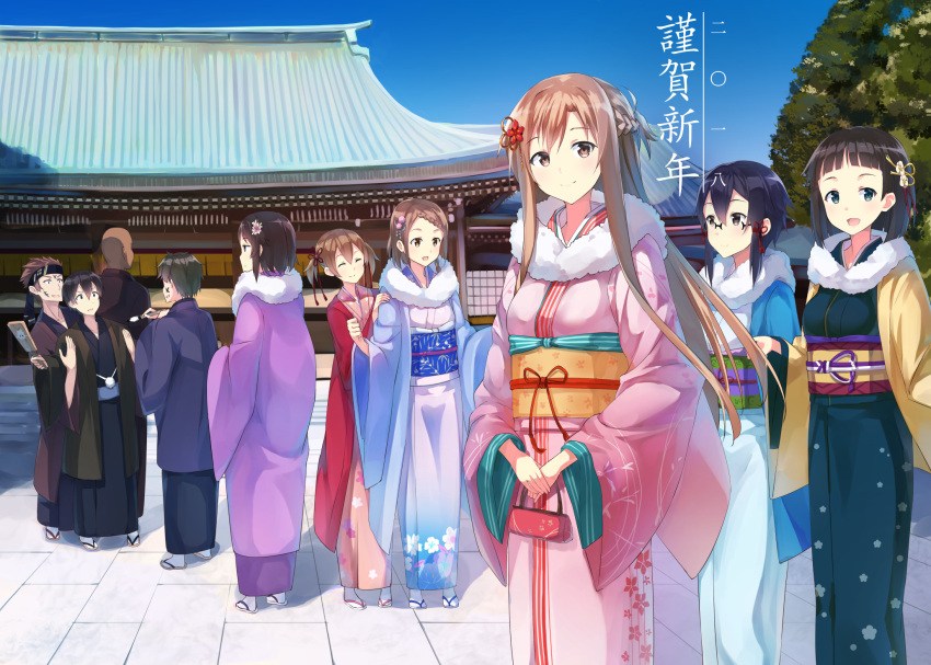 .com agil asuna_(sao) brown_hair character_request closed_eyes flower glasses hair_flower hair_ornament highres japanese_clothes kimono kirigaya_suguha kirito klein long_hair looking_at_viewer open_mouth short_hair silica smile sword_art_online