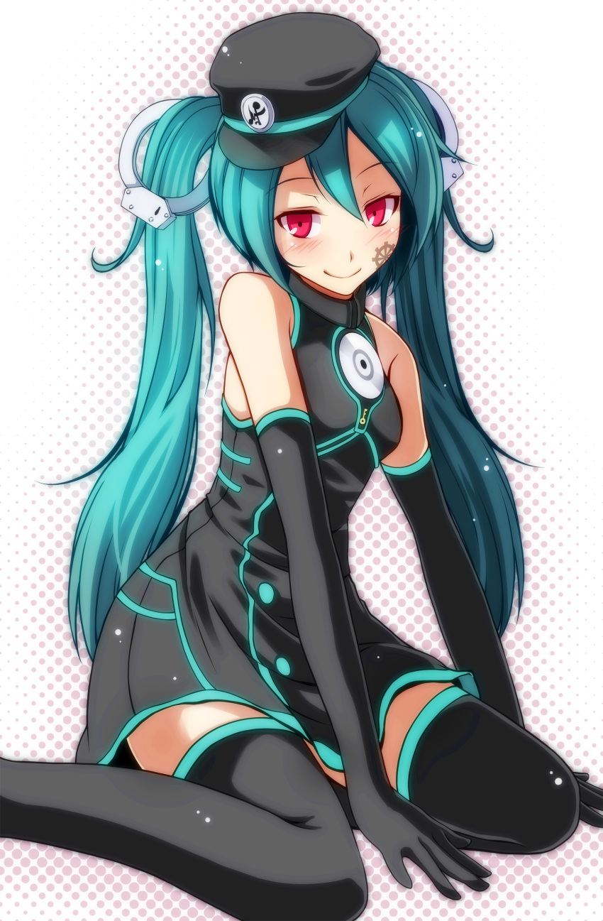 1girl absurdres aqua_hair bangs bare_shoulders between_legs black_dress black_gloves black_hat blush boots cd closed_mouth dress elbow_gloves facial_mark feet_out_of_frame gears gloves hair_ornament halftone halftone_background hand_between_legs hat hatsune_miku highres long_hair looking_at_viewer project_diva_(series) red_eyes sitting sleeveless sleeveless_dress smile solo thigh-highs thigh_boots tsukishiro_saika twintails very_long_hair vocaloid wariza zettai_ryouiki