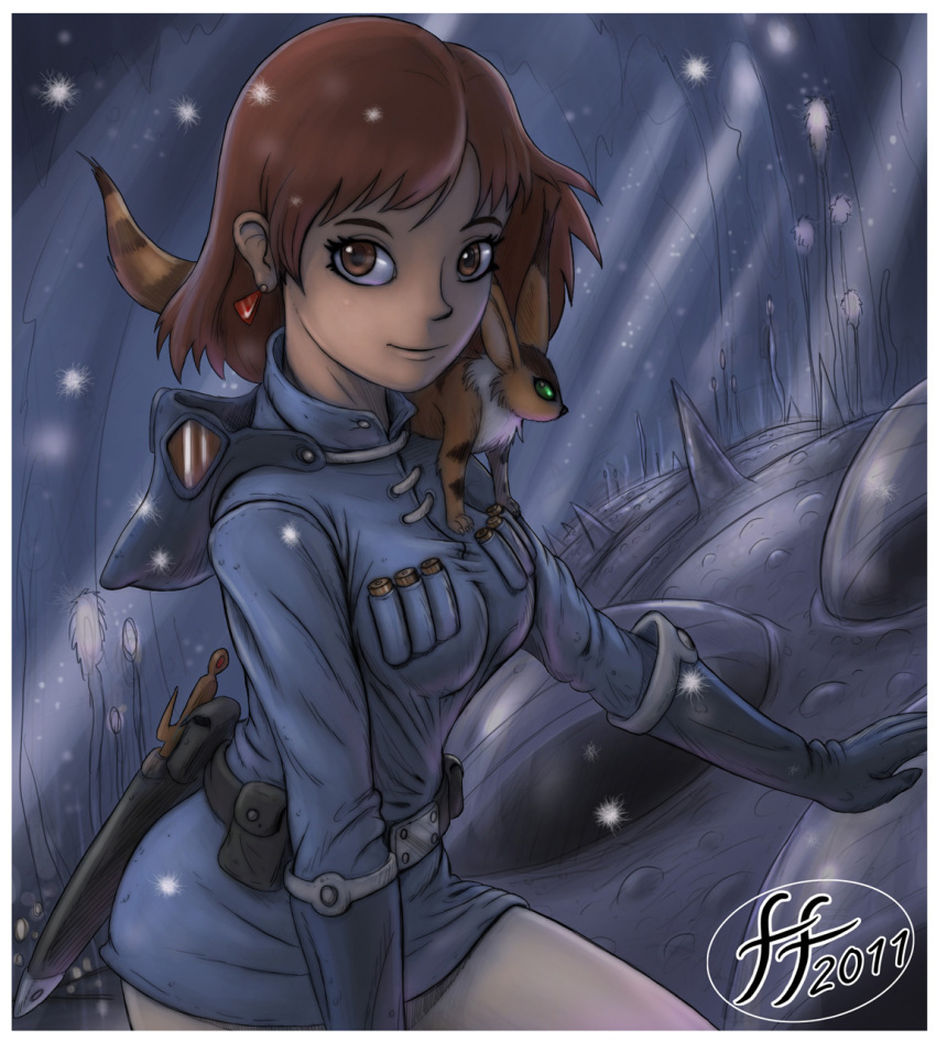 14-bis 1girl breasts brown_hair closed_mouth commentary earrings gloves highres jewelry kaze_no_tani_no_nausicaa nausicaa short_hair smile solo