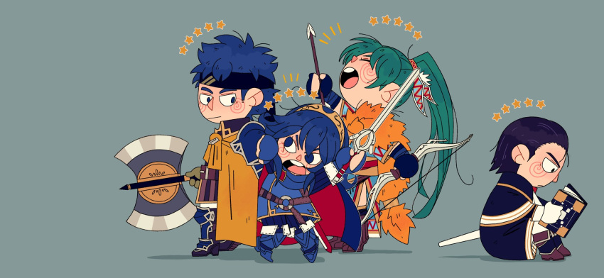 2boys armor axe black_hair blue_eyes blue_hair boots cape capelet chibi cosplay falchion_(fire_emblem) fire_emblem fire_emblem:_kakusei fire_emblem:_rekka_no_ken fire_emblem:_seisen_no_keifu fire_emblem:_souen_no_kiseki fire_emblem:_thracia_776 fire_emblem_heroes gloves green_eyes green_hair greil greil_(cosplay) headband high_ponytail highres ike long_hair lucina lyndis_(fire_emblem) male_focus multiple_boys ponytail reinhardt_(fire_emblem) short_hair smile sword tiara weapon