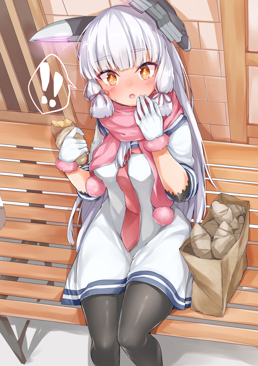 1girl bag bangs black_legwear blunt_bangs blush chair chausson dress eyes_visible_through_hair food gloves hair_ribbon headgear highres holding holding_food kantai_collection long_hair murakumo_(kantai_collection) orange_eyes outdoors pantyhose paper_bag pink_scarf ribbon sailor_dress scarf short_eyebrows sidelocks sitting solo sweet_potato tress_ribbon white_gloves white_hair yakiimo