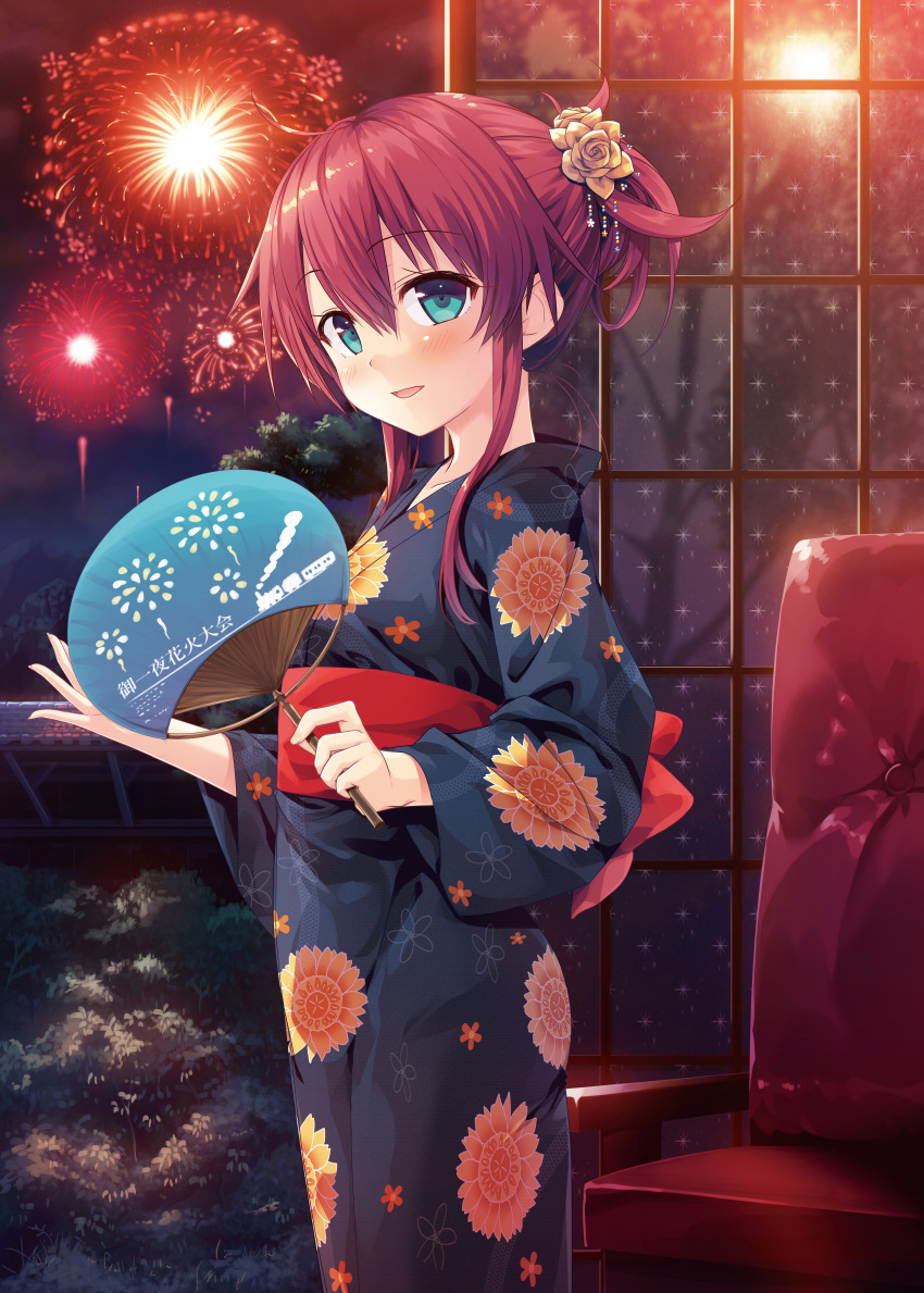 1girl :d absurdres armchair blue_eyes blue_kimono blush chair cura enty_reward eyebrows_visible_through_hair fan fireworks floral_print flower from_side hair_between_eyes hair_flower hair_ornament highres holding indoors japanese_clothes kimono long_hair long_sleeves looking_at_viewer looking_to_the_side maitetsu migita_hibiki night night_sky obi open_mouth paid_reward paper_fan redhead sash sidelocks sky smile solo standing tied_hair