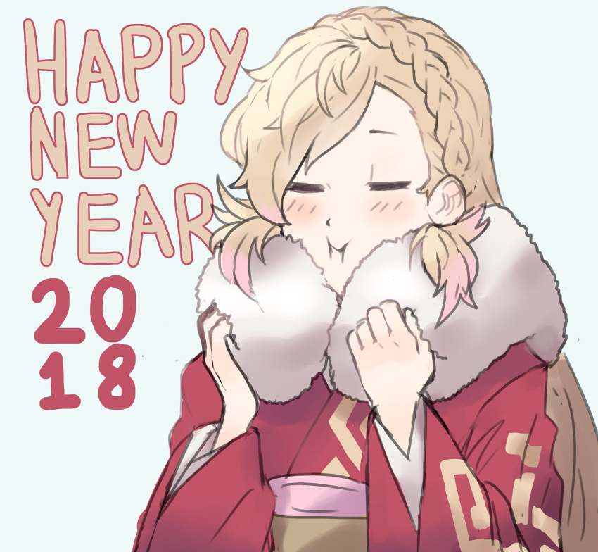 1girl 2018 artist_request blonde_hair braid closed_eyes fire_emblem fire_emblem_heroes highres japanese_clothes kimono long_hair new_year sharena simple_background smile solo white_background