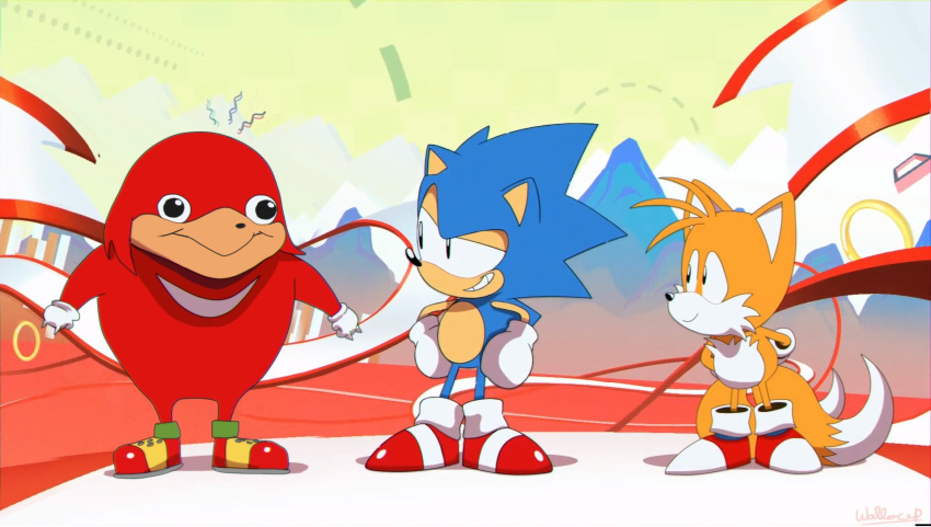 3boys black_eyes gloves grin highres knuckles_the_echidna male_focus meme multiple_boys shoes smile sneakers sonic sonic_mania sonic_the_hedgehog tails_(sonic) ugandan_knuckles wallace_pires white_gloves