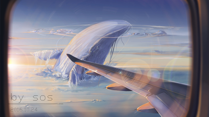 airplane_wing artist_name blue_sky clouds dated day eyes fantasy flying flying_whale highres lens_flare no_humans original sky sos_(406491521) through_window whale