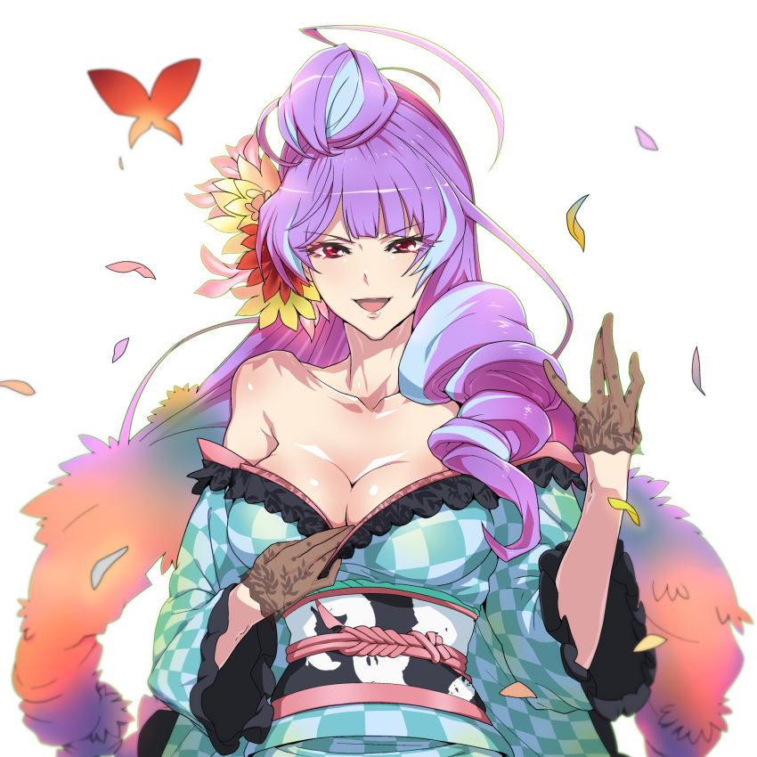 1girl black_gloves blue_hair blue_kimono breasts checkered checkered_kimono cleavage collarbone commentary_request don_(rg06268) gloves highres japanese_clothes kimono large_breasts long_hair looking_at_viewer macross macross_delta mikumo_guynemer multicolored_hair off_shoulder open_mouth purple_hair red_eyes sash shiny shiny_hair shiny_skin simple_background solo two-tone_hair very_long_hair white_background