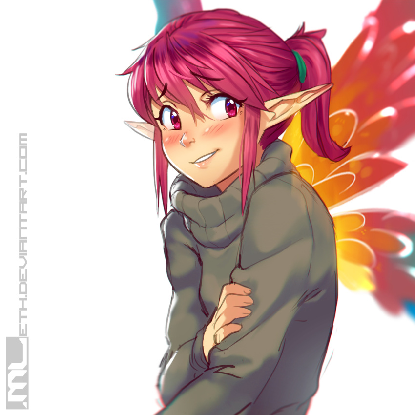 1girl blush erylia_(mathias_leth) fairy fairy_wings highres mathias_leth minigirl original pink_eyes pink_hair pointy_ears short_hair short_ponytail solo sweater turtleneck turtleneck_sweater wings