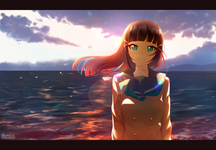 1girl aqua_eyes artist_name backlighting bangs black_hair blunt_bangs clouds double-breasted green_eyes hair_ornament happy_tears highres kurosawa_dia lens_flare letterboxed long_hair long_sleeves looking_at_viewer love_live! love_live!_sunshine!! marshall_(wahooo) mole mole_under_mouth ocean outdoors school_uniform smile solo standing tears upper_body uranohoshi_school_uniform wind