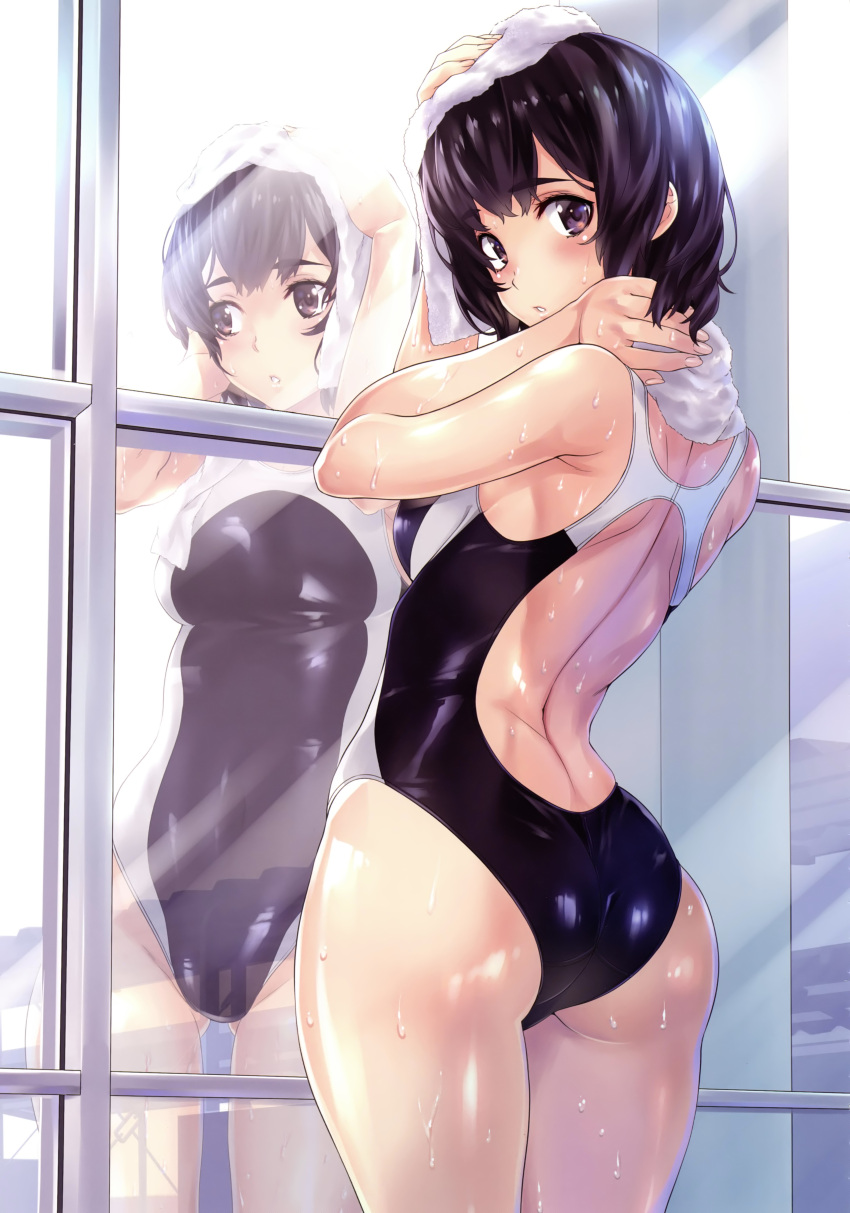 1girl absurdres ass ass_visible_through_thighs black_eyes black_hair breasts competition_swimsuit cowboy_shot eyebrows_visible_through_hair from_behind highres looking_back nagayori one-piece_swimsuit original parted_lips reflection scan shiny shiny_skin shiny_swimsuit short_hair small_breasts solo swimsuit towel towel_around_neck wet