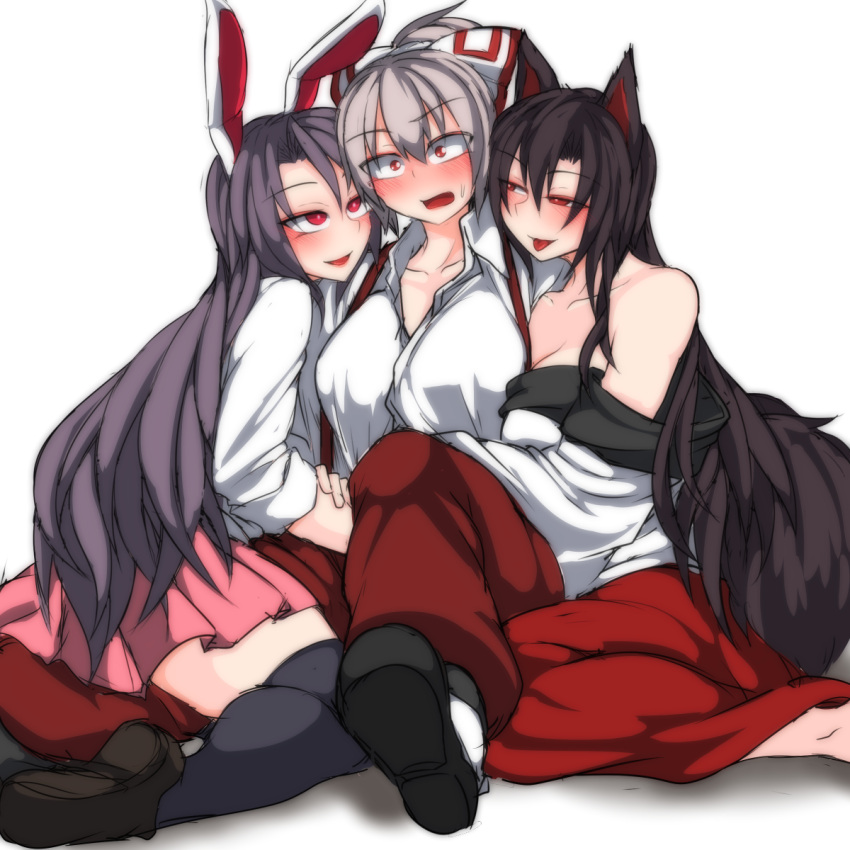 3girls :p animal_ears baggy_pants black_legwear blush bow breast_press breasts chocolate cleavage collarbone collared_shirt constricted_pupils dress eyebrows fujiwara_no_mokou grey_hair hair_between_eyes hair_bow half-closed_eyes hand_on_another's_arm highres imaizumi_kagerou kneeling kuroba_rapid long_dress long_hair long_sleeves looking_at_another multiple_girls naughty_face nose_blush open_mouth pants pink_skirt ponytail purple_hair rabbit_ears red_eyes red_pants reisen_udongein_inaba shirt shoes simple_background sitting sitting_on_lap sitting_on_person skirt sleeves_rolled_up smile suspenders sweat tail thigh-highs tongue tongue_out touhou white_background white_shirt wide_sleeves wing_collar wolf_ears wolf_tail yuri zettai_ryouiki