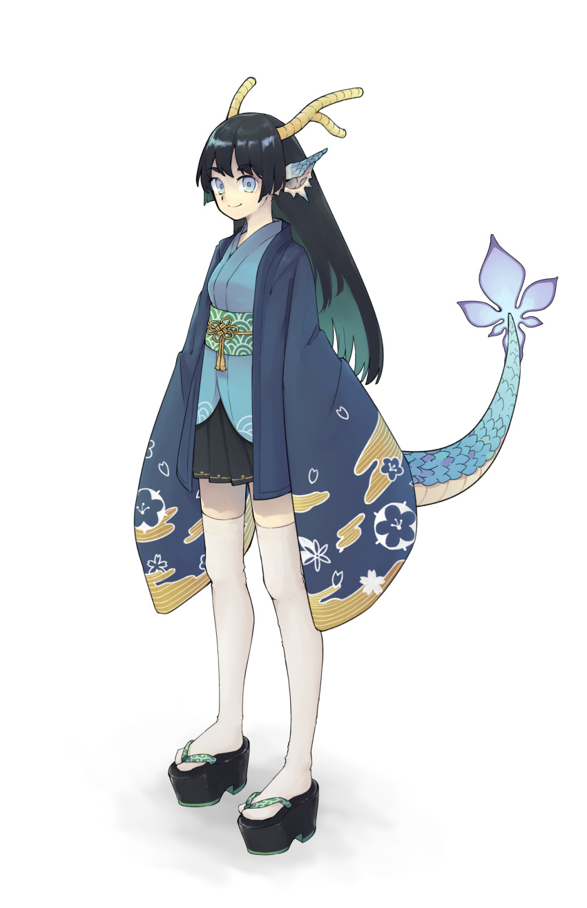 1girl absurdres black_hair black_skirt blue_eyes dragon_girl fantasy footwear_request full_body highres horns long_hair looking_at_viewer original pointy_ears scales skirt smile solo tail tomiusa white_legwear wide_sleeves