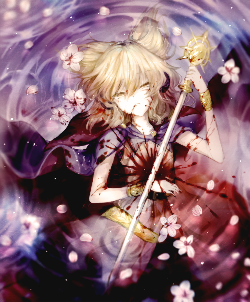 1girl blonde_hair blood blood_on_face blood_splatter bloody_clothes bracelet cape earmuffs flower highres huang_li_ling injury jewelry looking_at_viewer lying on_back partially_submerged petals short_hair sleeveless solo sword touhou toyosatomimi_no_miko water weapon yellow_eyes