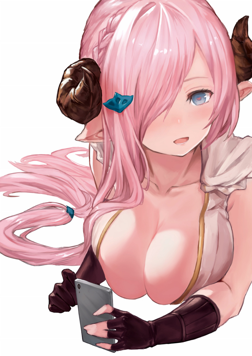 1girl blue_eyes breasts cellphone cleavage doraf fingerless_gloves gloves granblue_fantasy hair_ornament hair_over_one_eye hairclip heart heart-shaped_pupils highres horns large_breasts long_hair looking_at_viewer lying narumeia_(granblue_fantasy) on_stomach phone pink_hair pointy_ears shou_xun_bu_liang simple_background smartphone smile solo symbol-shaped_pupils white_background