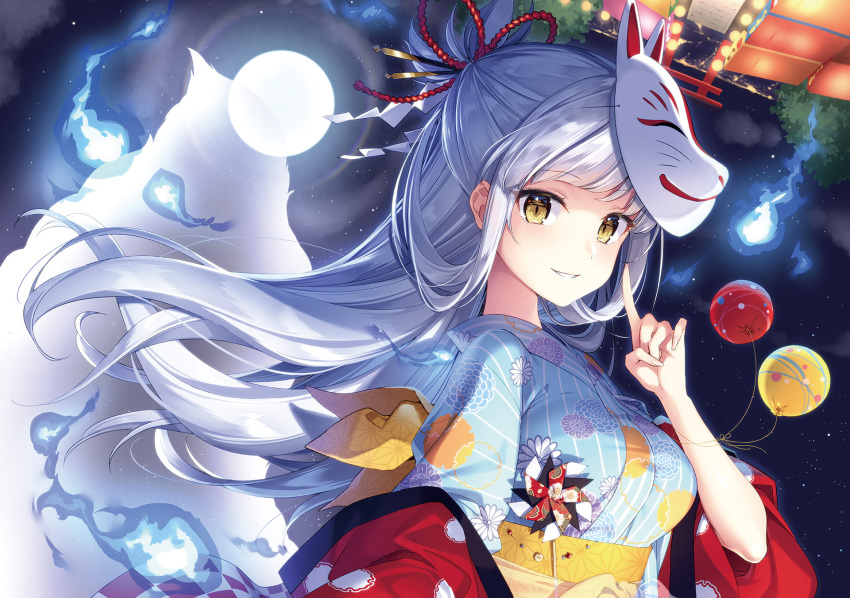 1girl balloon blue_fire blue_kimono breasts fingernails fire floating_hair fox_mask full_moon half_updo highres index_finger_raised japanese_clothes kimono large_breasts long_hair looking_at_viewer mask masuishi_kinoto moon night night_sky obi original outdoors sash shide silver_hair sky smile solo star_(sky) starry_sky torii upper_body wide_sleeves yellow_eyes