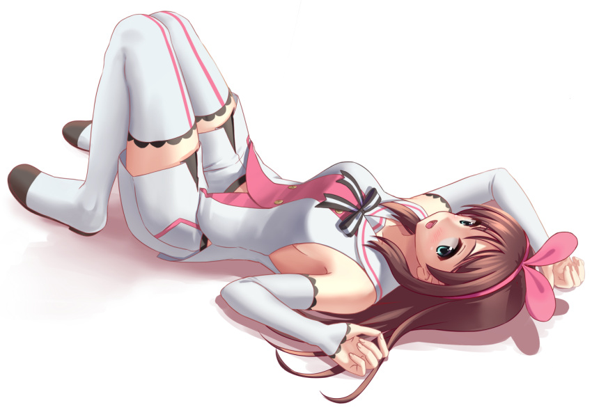 1girl a.i._channel aqua_eyes boots brown_hair detached_sleeves from_side hairband kizuna_ai long_hair looking_at_viewer lying on_back open_mouth sakurano_yukke solo thigh-highs thigh_boots white_background