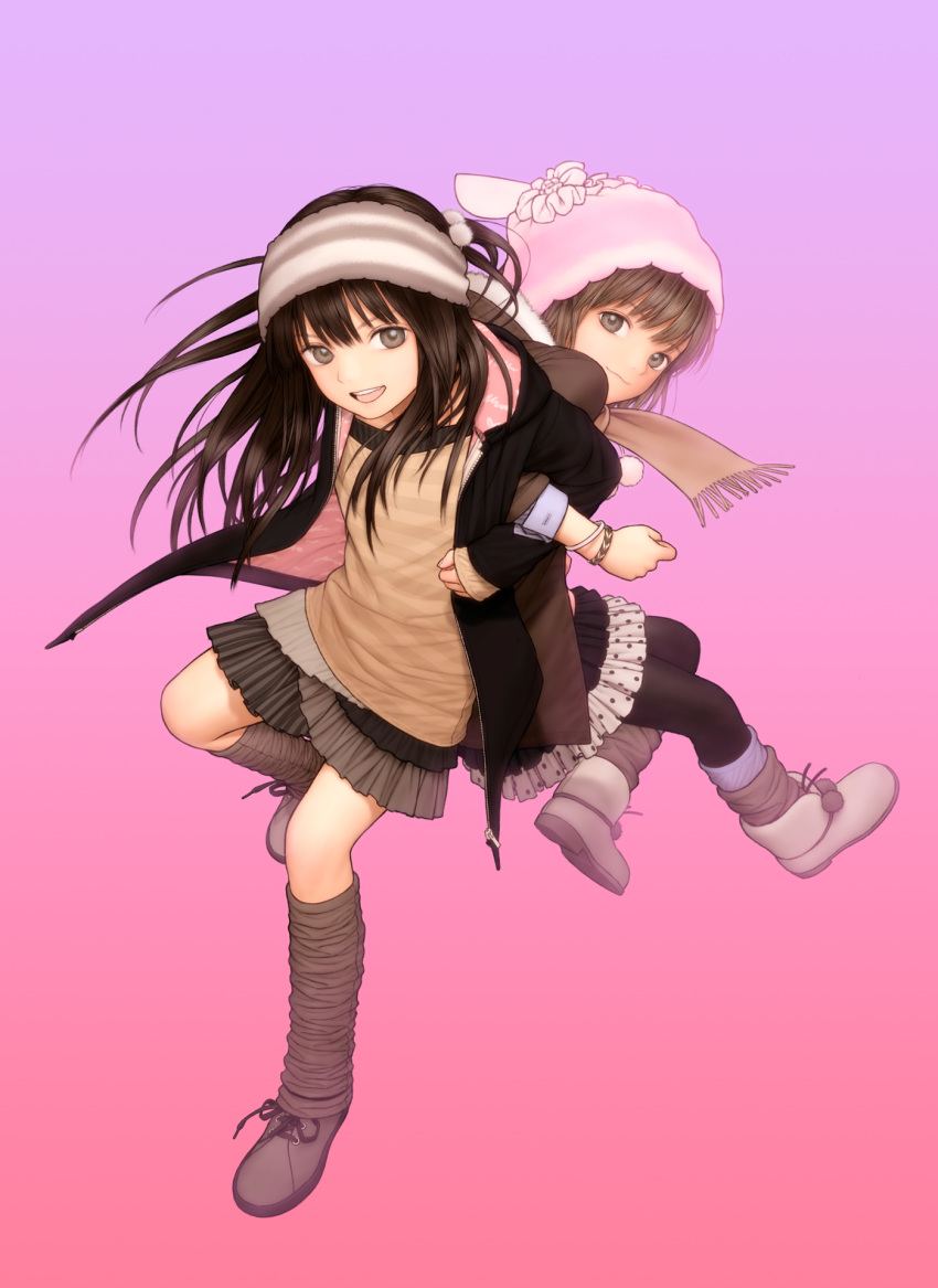 2girls ankle_boots boots bracelet brown_eyes brown_hair commentary cover_image flat_chest full_body hat headband highres jewelry leg_warmers locked_arms looking_at_viewer multicolored multicolored_clothes multicolored_skirt multiple_girls original pantyhose pink_background pleated_skirt rustle scarf skirt smile striped winter_clothes