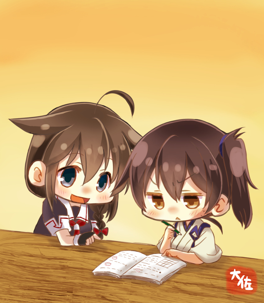 2girls :d ahoge artist_name black_gloves black_serafuku blue_eyes book braid brown_eyes brown_hair commentary_request feathers fingerless_gloves gloves hair_between_eyes hair_feathers highres holding holding_pencil japanese_clothes kaga_(kantai_collection) kantai_collection looking_at_viewer multiple_girls neckerchief open_mouth pencil red_skirt remodel_(kantai_collection) school_uniform serafuku shigure_(kantai_collection) short_hair short_sleeves side_ponytail single_braid skirt smile taisa_(kari) tasuki triangle_mouth