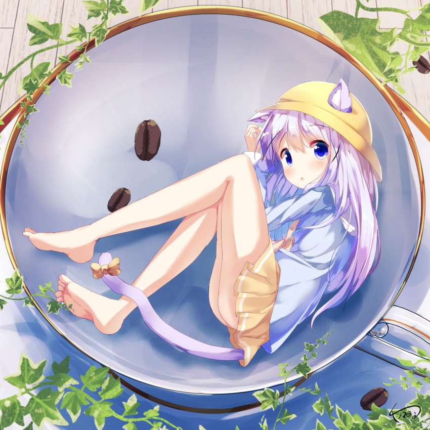 1girl :o absurdres animal_ears ass azur_lane bangs bare_legs barefoot blue_eyes blue_shirt blush bow cat_ears cat_girl cat_tail chinomaron coffee_beans commentary_request cosplay cup ears_through_headwear eyebrows_visible_through_hair feet gochuumon_wa_usagi_desu_ka? hair_between_eyes hat highres in_container in_cup kafuu_chino kemonomimi_mode kisaragi_(azur_lane) kisaragi_(azur_lane)_(cosplay) long_sleeves looking_at_viewer looking_to_the_side lying minigirl on_side parted_lips pleated_skirt purple_hair saucer school_hat shirt signature skirt soles solo tail tail_bow toes yellow_bow yellow_hat yellow_skirt