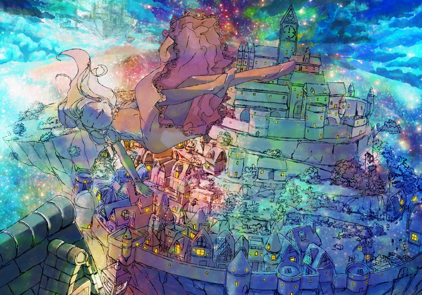 1girl bracelet castle city city_lights clock clock_tower closed_eyes clouds colorful commentary dress falling fantasy floating_island jewelry light_particles long_hair original scenery sky solo tower tree usatarosu