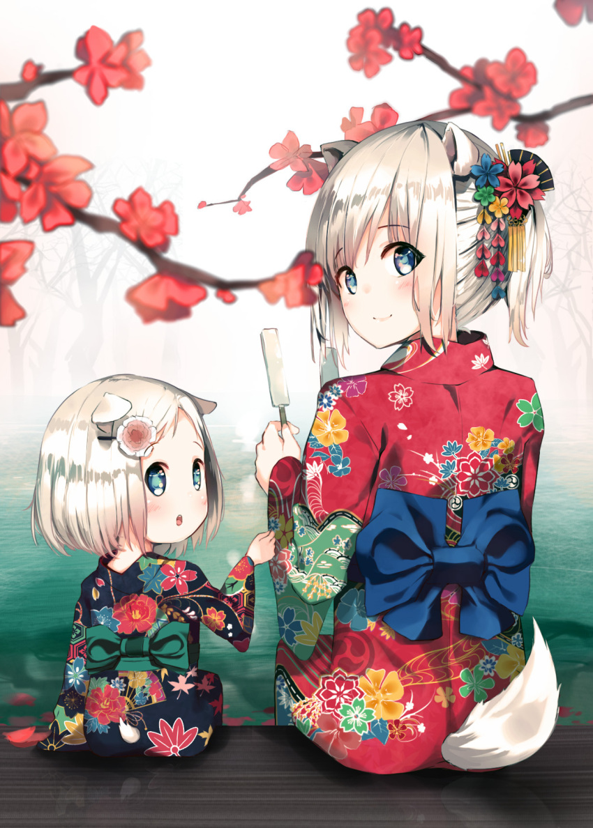 2girls :o animal_ears bangs black_kimono blue_bow blue_eyes blurry blurry_foreground blush bow closed_mouth depth_of_field dog_ears dog_girl dog_tail eyebrows_visible_through_hair floral_print flower food green_bow hair_flower hair_ornament hairclip highres japanese_clothes kimono looking_at_viewer looking_back multiple_girls niii_(memstapak) original parted_lips ponytail popsicle print_kimono red_flower red_kimono sidelocks silver_hair sitting smile tail upper_teeth water