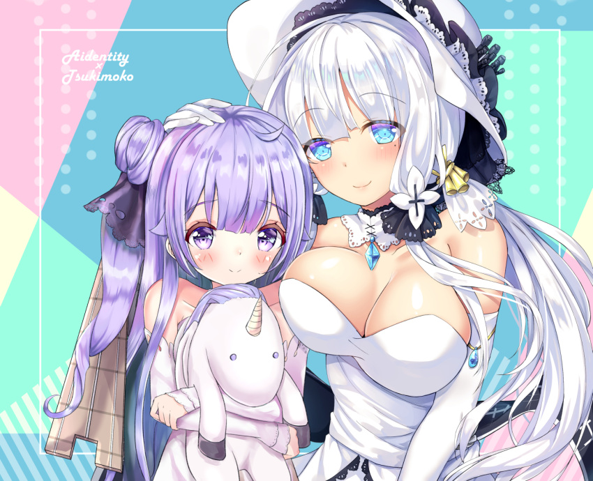 2girls ahoge azur_lane bangs bare_shoulders black_ribbon blue_eyes blush breasts cleavage closed_mouth collarbone commentary_request detached_collar detached_sleeves dress elbow_gloves eyebrows_visible_through_hair flight_deck gem gloves hair_bun hair_ornament hair_ribbon hand_on_another's_head hat illustrious_(azur_lane) large_breasts long_hair long_sleeves looking_at_viewer multiple_girls nagare_yoshimi object_hug one_side_up purple_hair ribbon side_bun silver_hair smile strapless strapless_dress stuffed_animal stuffed_pegasus stuffed_toy stuffed_unicorn unicorn_(azur_lane) very_long_hair violet_eyes white_dress white_gloves white_hat